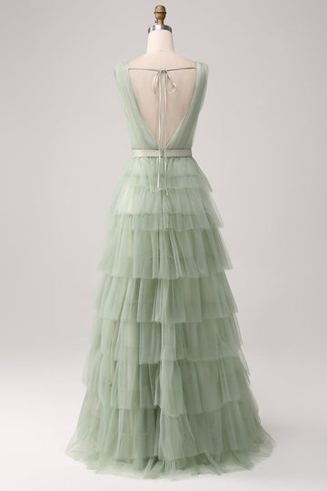 Vestido de fiesta verde plisado escalonado con abertura